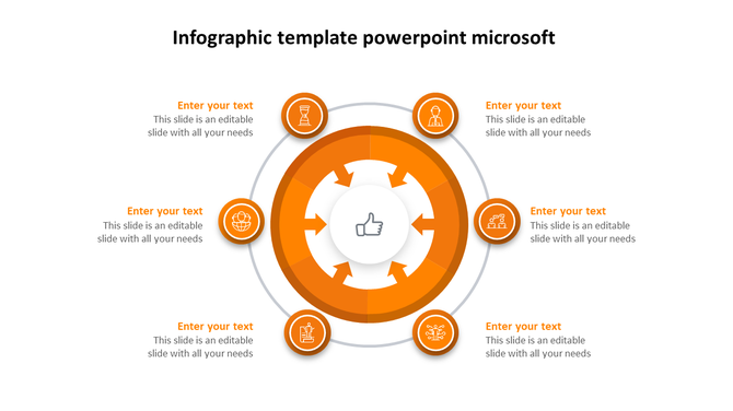 Infographic PPT template with an orange circular diagram, six icons, and text placeholders on a white backdrop.