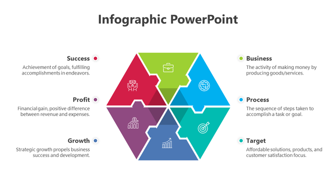 Multicolor hexagon infographic with segmented puzzle pieces, each showing an icon and linked to caption areas.