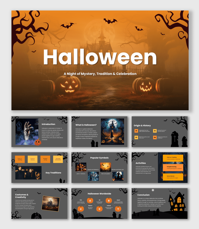 Halloween PowerPoint Template Microsoft with orange dark theme, pumpkins, bats and spooky slides with clean layouts.