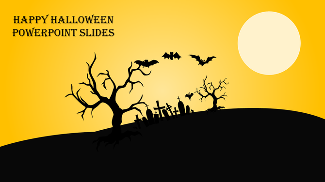 Halloween slide with a graveyard scene, leafless trees, flying bats, and a large glowing moon on a yellow background.