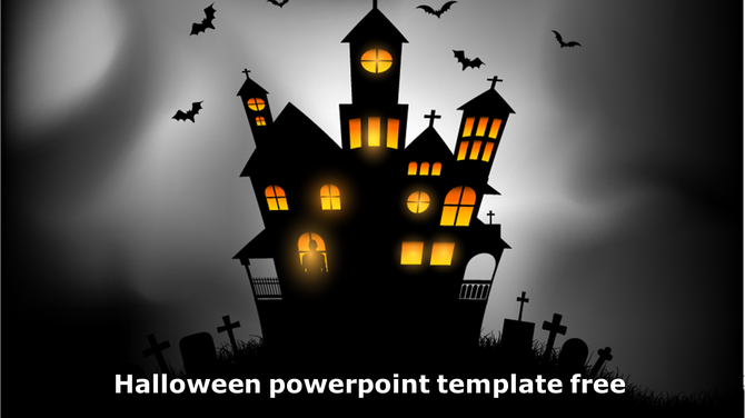 Spooky Halloween PowerPoint template featuring a haunted house with glowing windows, bats, and a graveyard scene.