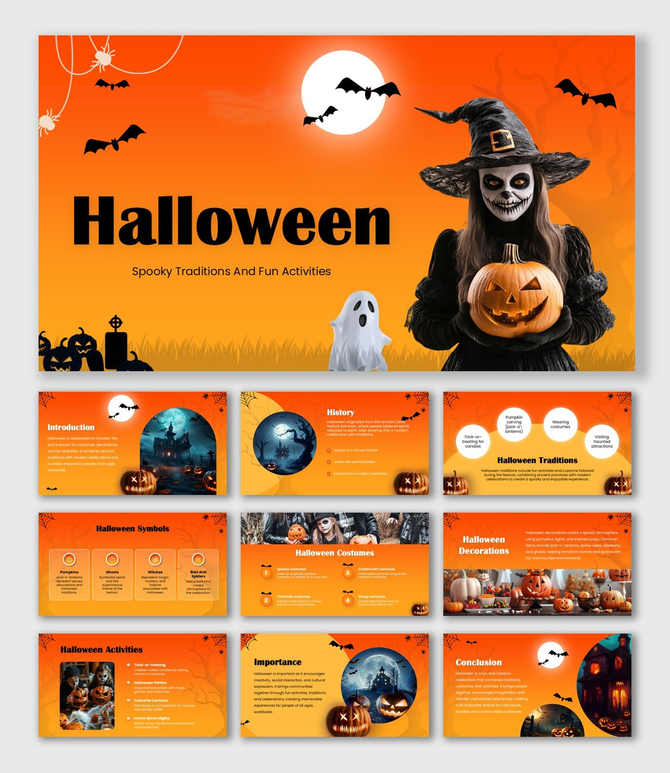 Halloween orange slide with witch, pumpkin, ghost, bats, moon, text holders and structured shapes layout.