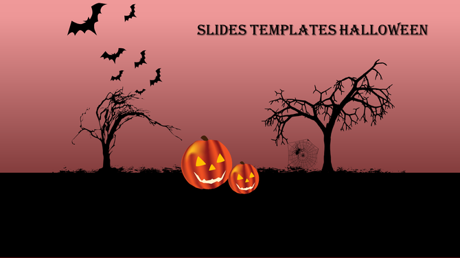 Halloween scene with two glowing pumpkins, bare trees, bats flying, and a spider web, set against a pink gradient sky.