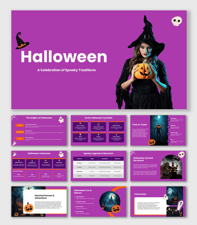 Halloween PowerPoint Presentation Templates with purple theme, witch holding pumpkin, spooky icons and clean layouts.