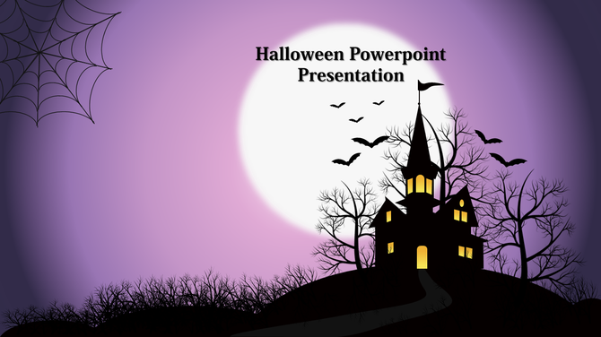 Spooky Halloween PowerPoint slide with a haunted house, bats, and a full moon.
