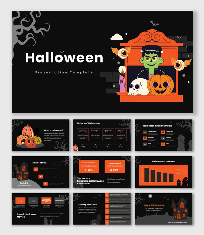 The Halloween Themed PowerPoint black theme, orange shapes, monster, candle, infographic text layouts.