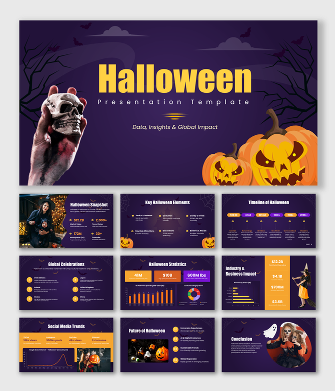 Halloween PPT with purple theme, witch girl, ghost, pumpkin, bats, icons, shapes, and clean layouts for spooky presentations.