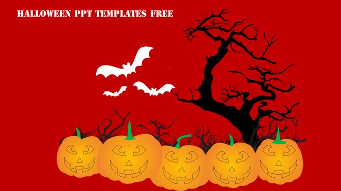 Halloween PowerPoint template featuring glowing jack o lanterns, flying bats, and a spooky twisted tree on a red background.