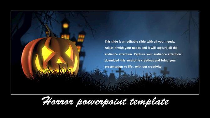 Halloween slide with a glowing jack-o'-lantern, haunted house, graveyard, and eerie fog, with editable text on the right. 