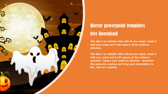 Halloween-themed slide with a haunted house, ghost, and pumpkin, featuring caption areas in orange backdrop.
