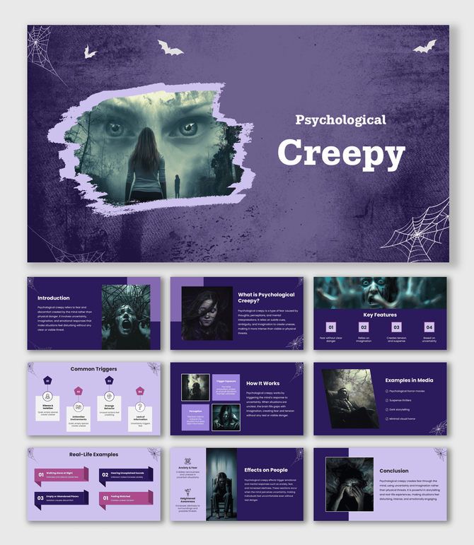 Creepy PowerPoint Templates with horror eyes image, purple grunge shapes, bats and dark slide layout.