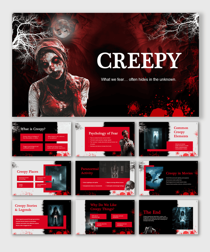 Creepy slide with a graveyard silhouette, crosses, and bats against an orange and yellow background.