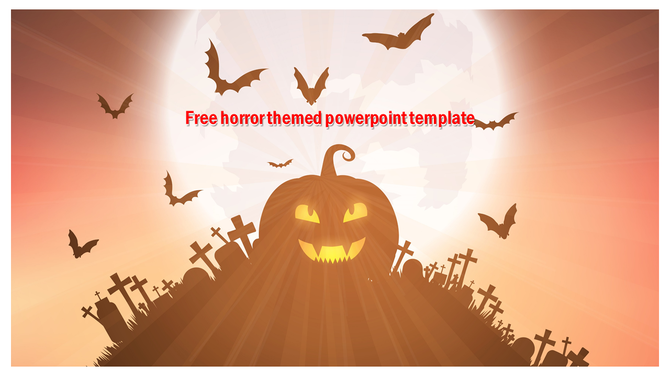 Slide with Halloween imagery, including a glowing pumpkin, grave markers, and bats flying under a full moon.