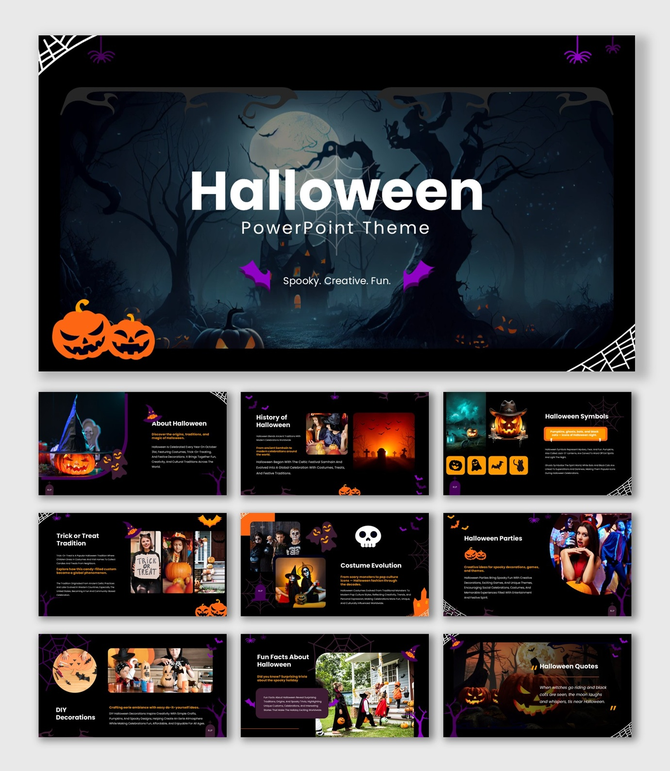 Halloween Themed PowerPoint dark slides with pumpkins, bats, moon, text boxes, icons, spooky shapes.