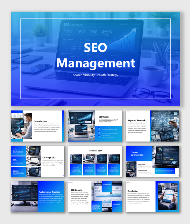 SEO management presentation slides covering keyword research, technical audits, content optimization, tracking.