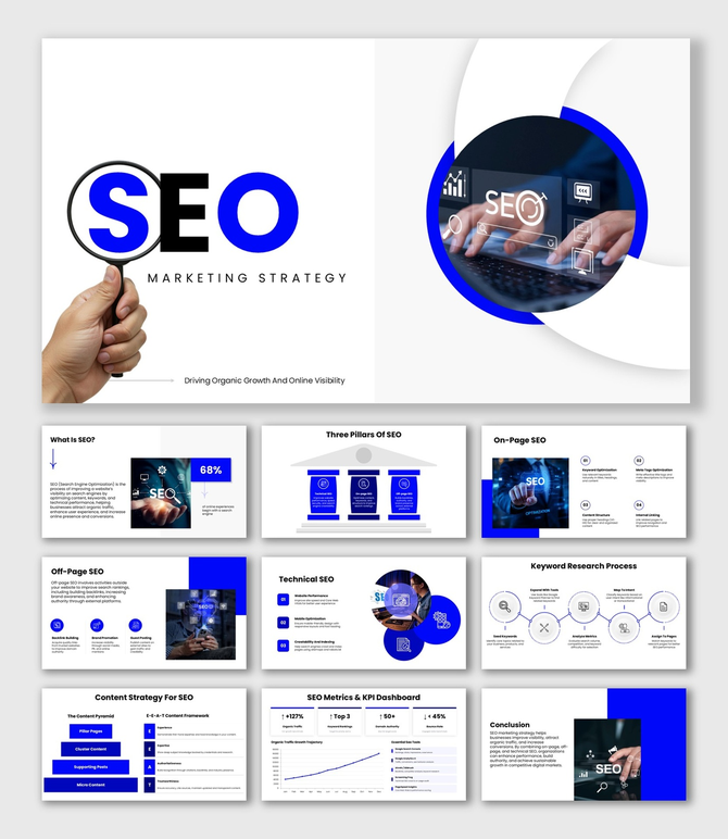 SEO Marketing Strategy slides with blue theme, icons, charts, shapes, and clean text holders.