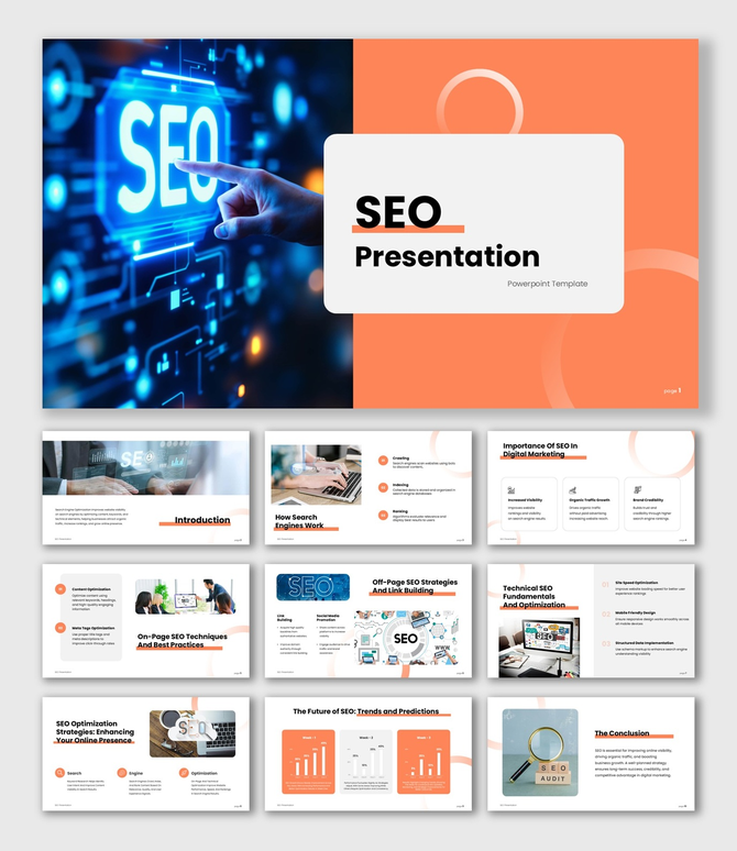 SEO Presentation with blue tech screen, hand pointing SEO text, orange layout, clean text boxes and shapes.