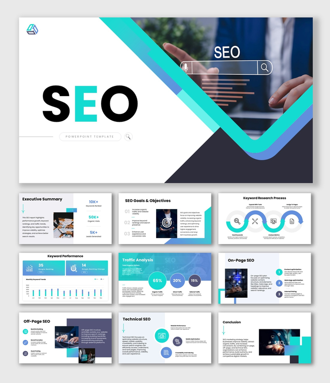 SEO slides with blue green theme, charts, search UI, icons, shapes, and clean editable text holders.