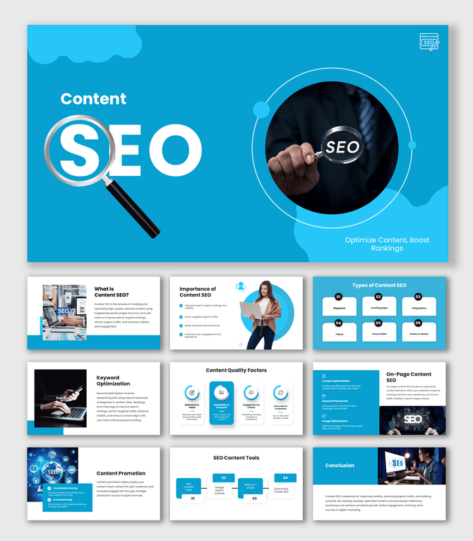 SEO Presentation PPT with blue theme, magnifier SEO image, circle shapes, icons and clean marketing slides.