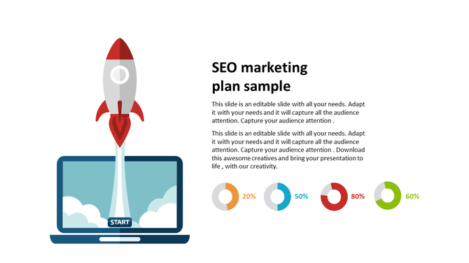 SEO marketing infographic with a rocket launching from a laptop screen, text on the right, and four percentage based charts.