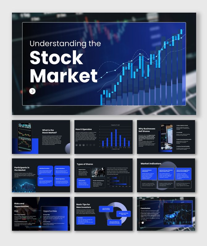 Stock market PPT template explaining trading basics, market participants, share types, indicators, risks, and tips.
