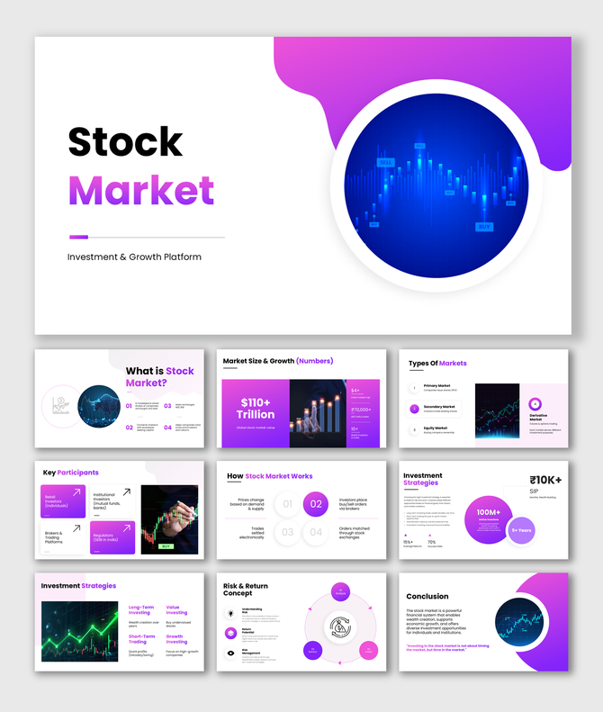Stock market with slides on investment strategies, market growth, trading process, participants, and risk analysis.