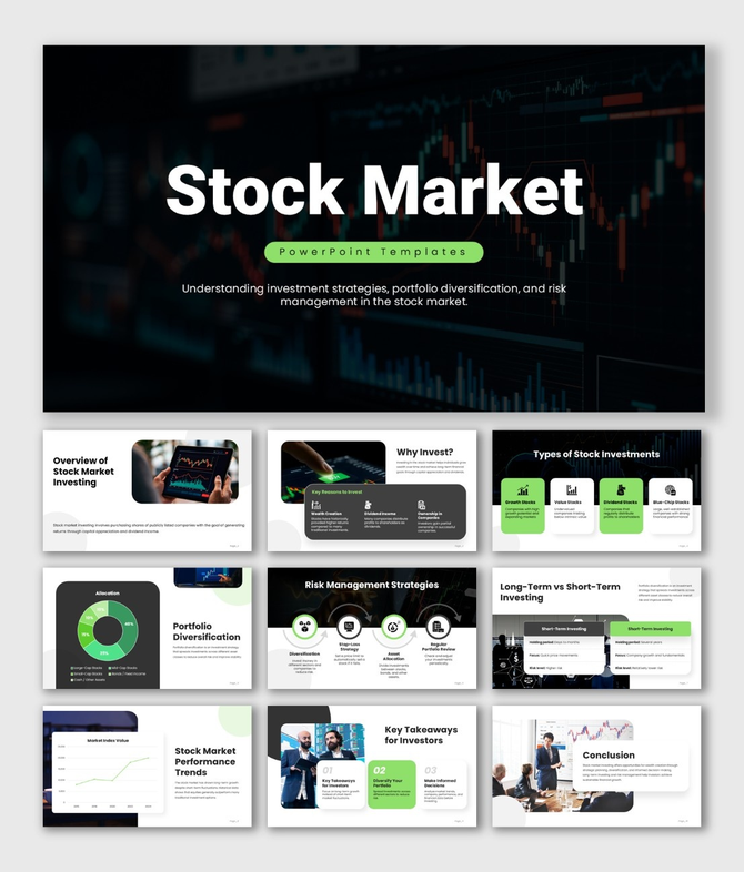 Stock market slides with dark charts, green accents, slides on investing, risk, portfolio, graphs, and clean layouts.