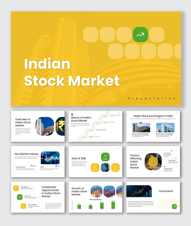Indian stock market slides with yellow theme, exchange visuals, growth charts, icons, shapes, and clean text layouts.