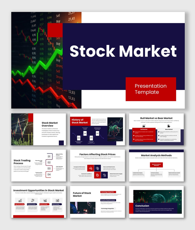 Stock Market slides with trading charts, bull vs bear comparison, market analysis methods, and investment insights.