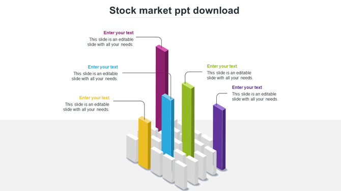 Stock market themed 3D bar graph with five prominent colored bars, connected to text placeholders for data representation.