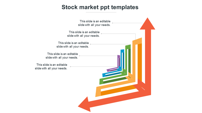 Stock market slide with colored arrows in red, orange, green, blue, and purple, pointing both side, each with text areas.