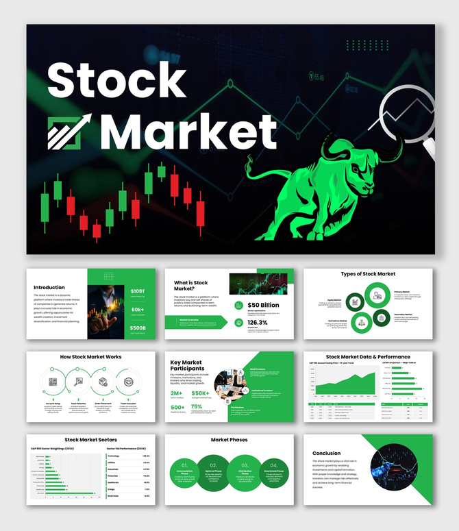 Stock market slide with a colorful bar chart and upward arrow inside a circle, symbolizing market growth.