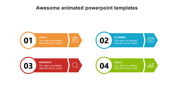 Colorful animated PowerPoint template with four steps represented by numbered labels and icons with placeholder text.