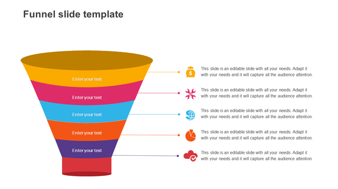 Funnel infographic with stacked segments in gold, yellow, pink, blue, orange, purple, and red, each paired with icons.