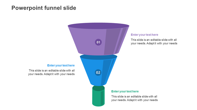 Colorful PowerPoint funnel slide with two sections labeled 01 and 02 each with text fields.