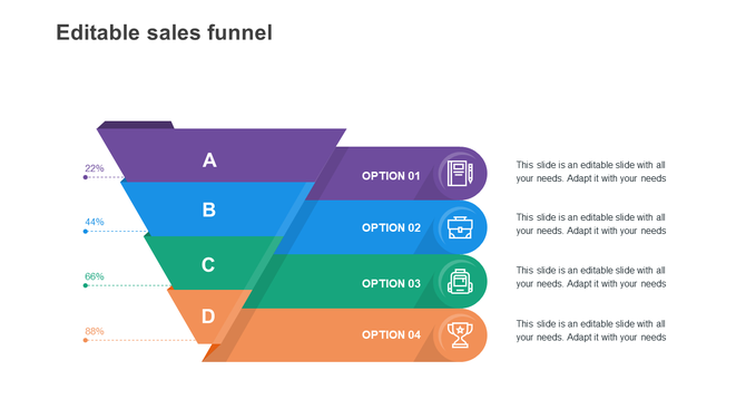Colorful sales funnel with labeled segments and percentage markers on the left, paired with icons and option text on the right.