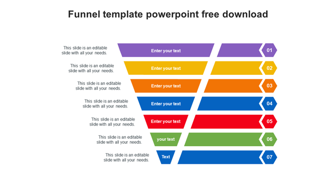 Seven level funnel slide, featuring colorful text sections for each stage of a process.