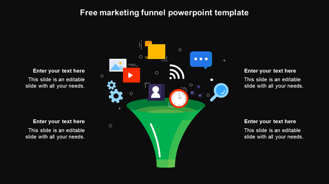 Green 3D funnel graphic on black background with floating digital icons above and placeholder text areas on both sides.