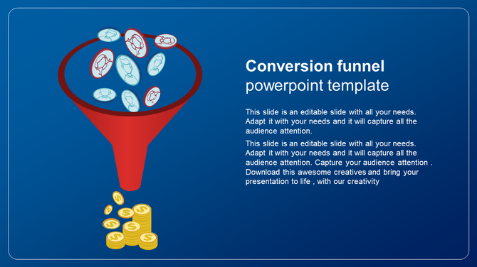 Funnel graphic with coins showing user icons converting into gold dollar coins, set on a blue background with text space.