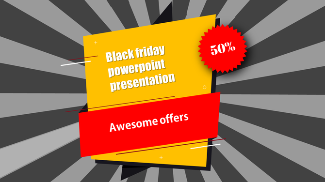 Black Friday PowerPoint presentation template with a bold yellow and red design featuring a 50 percent discount badge.