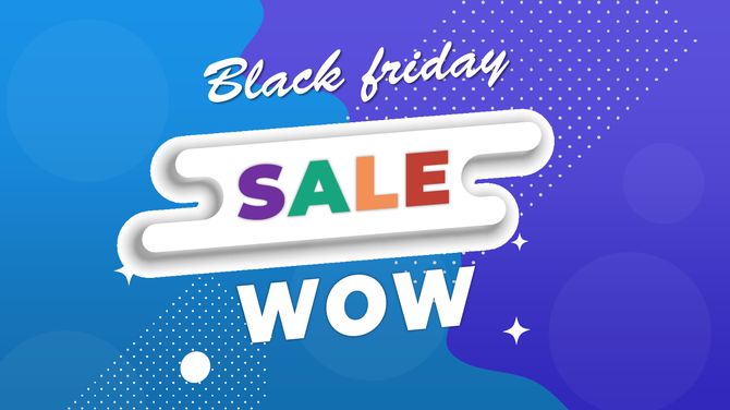 Modern Black Friday design with curved white banner reading sale in colorful letters above large white text wow.