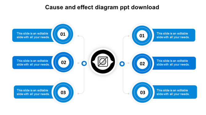 Blue themed cause and effect diagram PowerPoint template with circular steps connected to a central node.