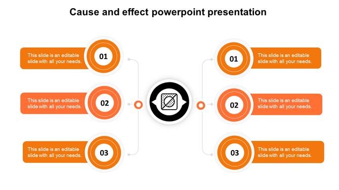 Orange themed cause and effect diagram PowerPoint template with circular steps connected to a central node.