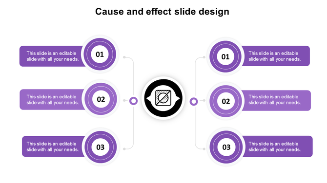 Cause and effect diagram with six purple numbered circles, three per side, pointing to a central black and white icon.