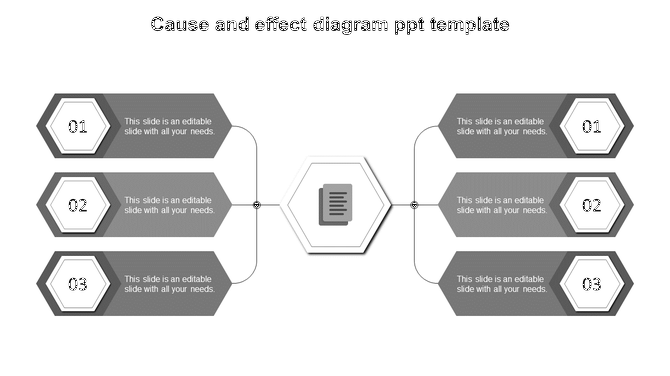 Gray themed cause and effect diagram PowerPoint slide with six labeled steps and a central icon on a white backdrop.
