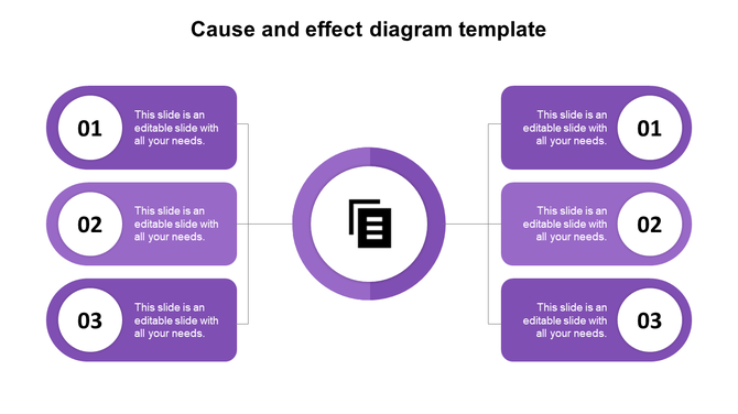 Cause and effect diagram PowerPoint template with three primary causes leading to a central effect on a purple theme.
