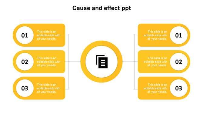 Cause-and-effect template with symmetrical groups of numbered yellow elements connected to a central yellow icon.