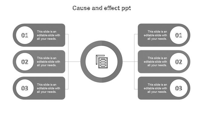 Grey cause and effect template with numbered circular sections, linked by lines to a central icon in the middle.