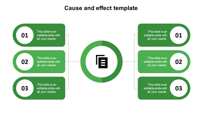 Green themed cause and effect PPT slide diagram with a circular center and six connected placeholder text boxes.
