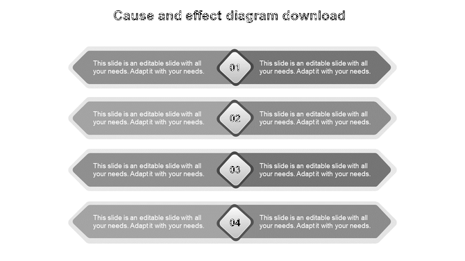 Monochrome cause and effect diagram with four horizontal rows, each featuring a diamond shaped number between two text boxes.